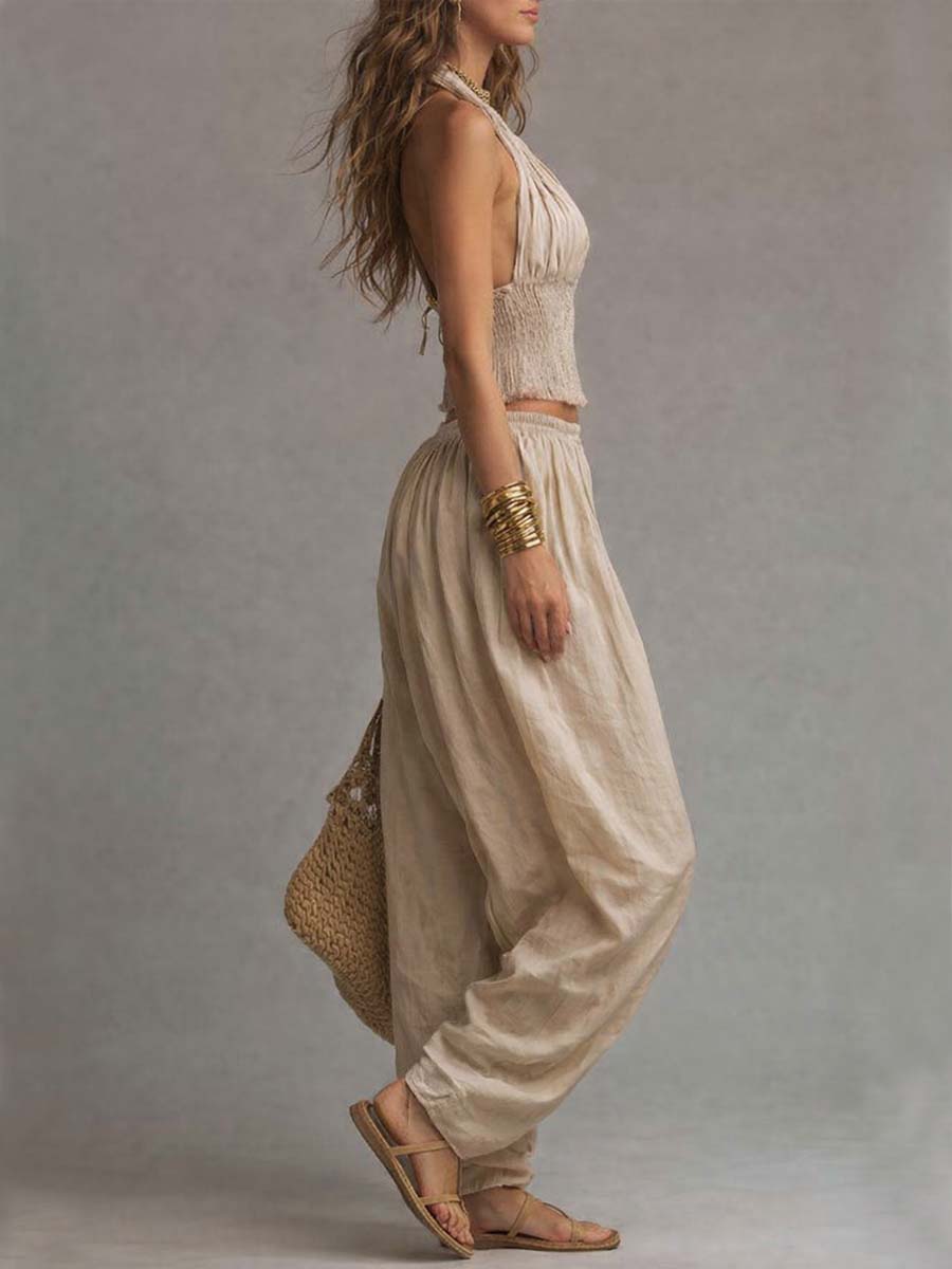 Bohemian Cotton-Linen Halter Smocked Crop Top & Harem Pants Two-Piece Set