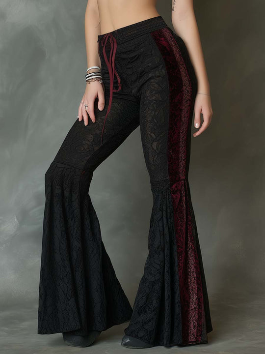 Retro Velvet Patchwork Lace Flare Hem Pants