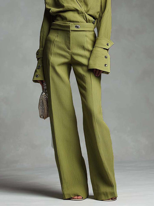 Rayon-Linen Tailored Wrap Shirt & Wide-Leg Trouser Set