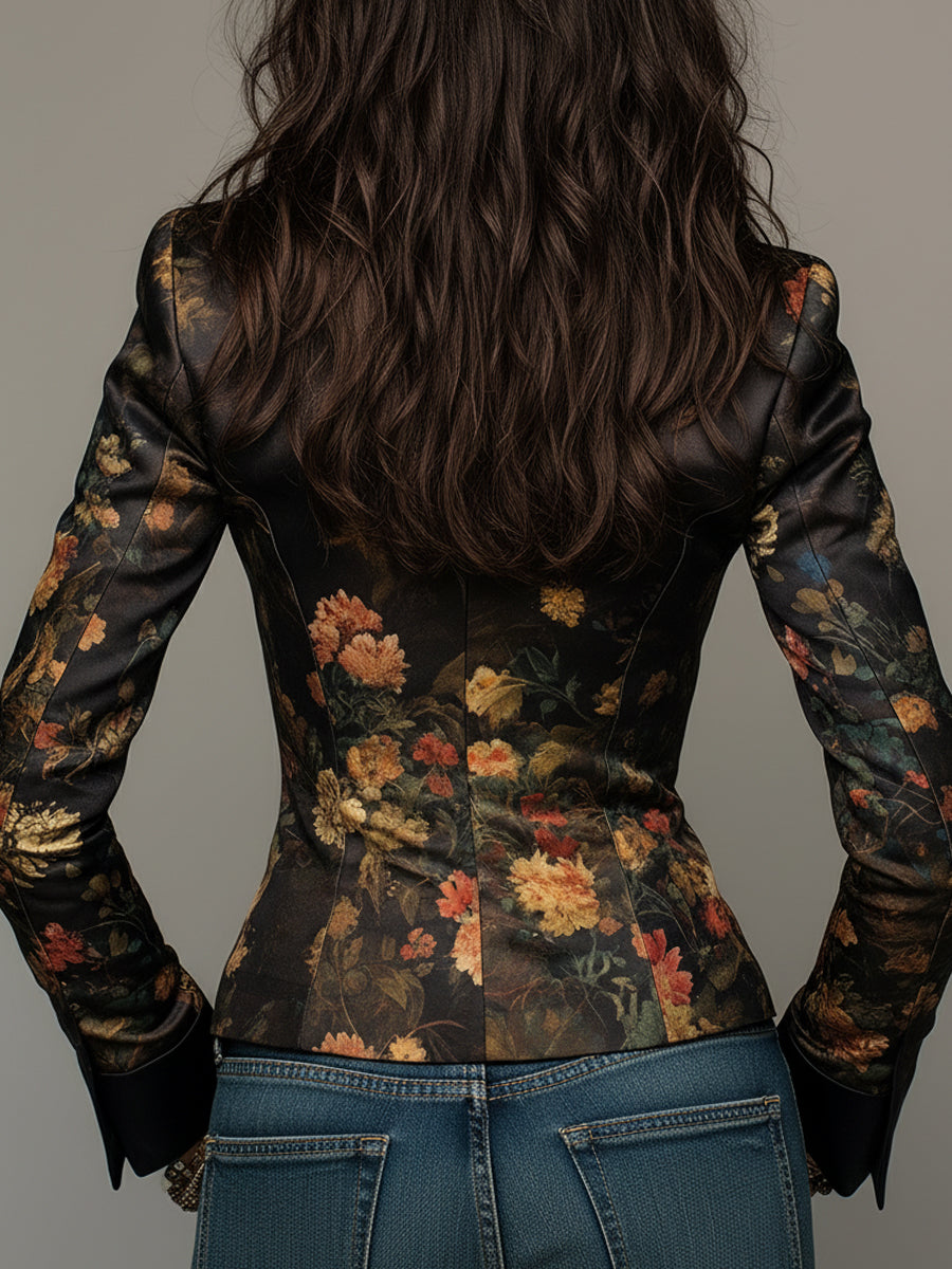 Elegant Oil Painting-style Floral Print Fitted Satin Blazer