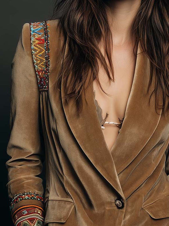 Velvet Embroidered Blazer With Bohemian Detailing