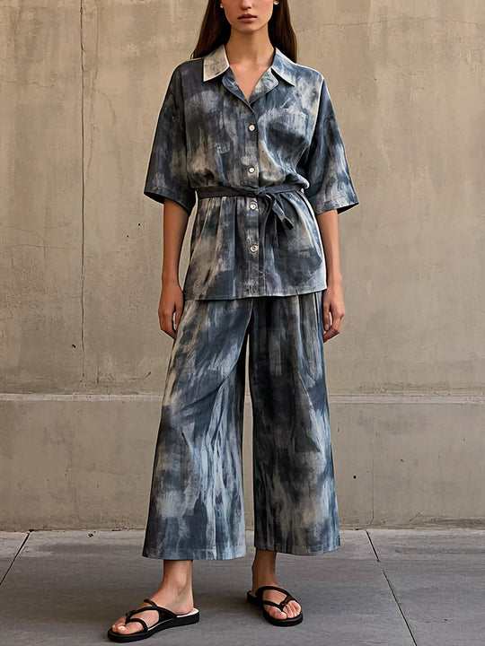 Casual Everyday Tie-dye Cotton and Linen Shirt and Pants Set