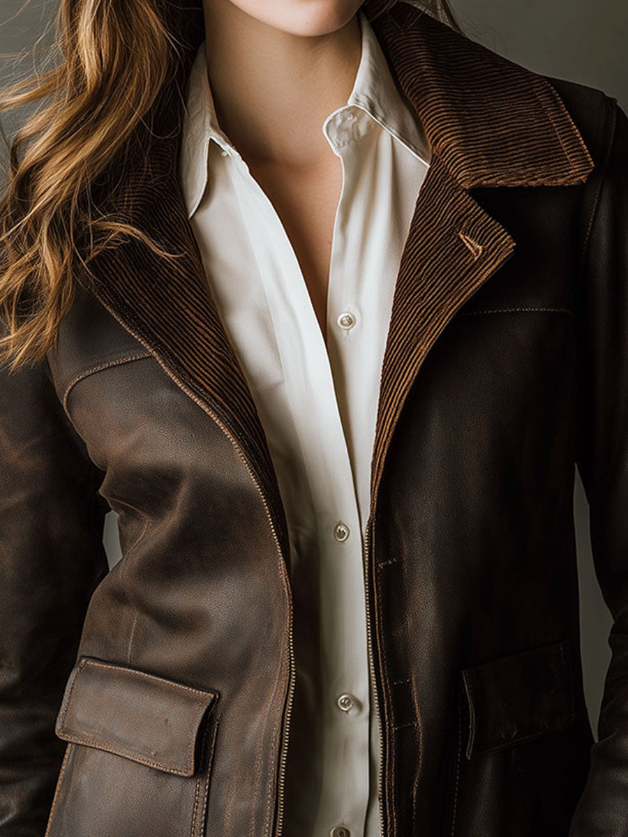 Vintage Distressed Brown Eco Leather Jacket With Corduroy Collar