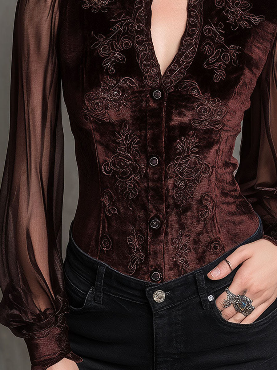 Vintage Velvet Embroidered Blouse With Sheer Sleeves