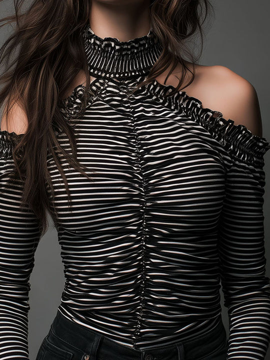 Classic High Neck Striped Cold-Shoulder Ruched Top