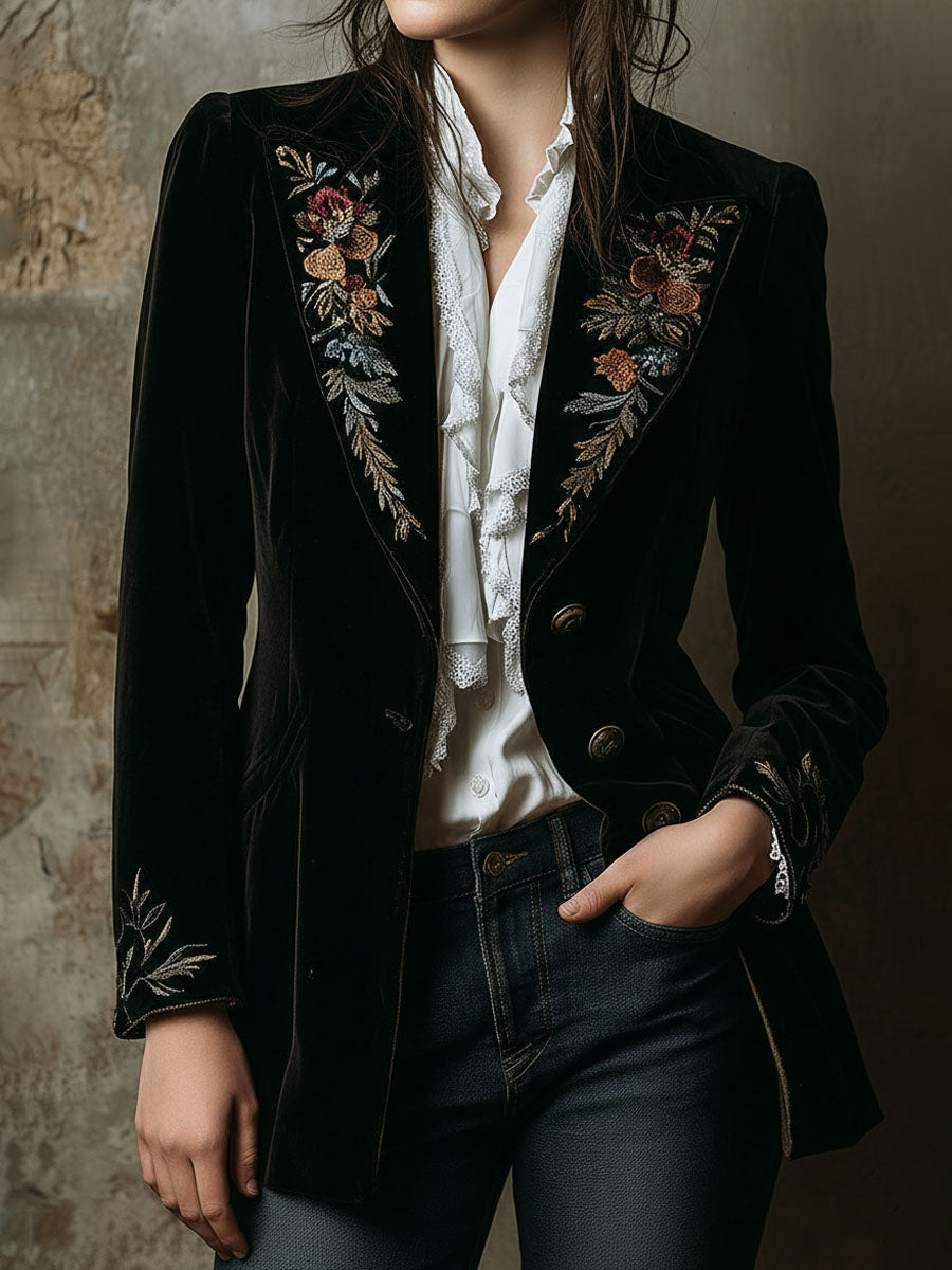 Luxurious Vintage Floral Embroidered Velvet Tailored Blazer