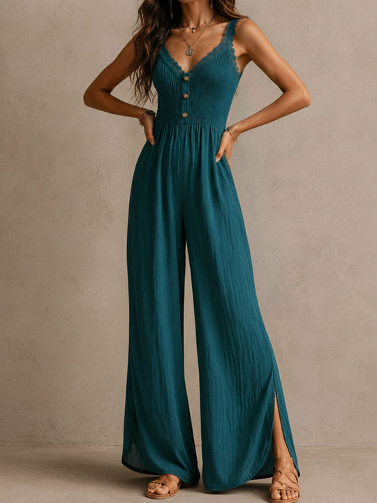 Boho Teal Lace-Trimmed Wide-Leg Jumpsuit