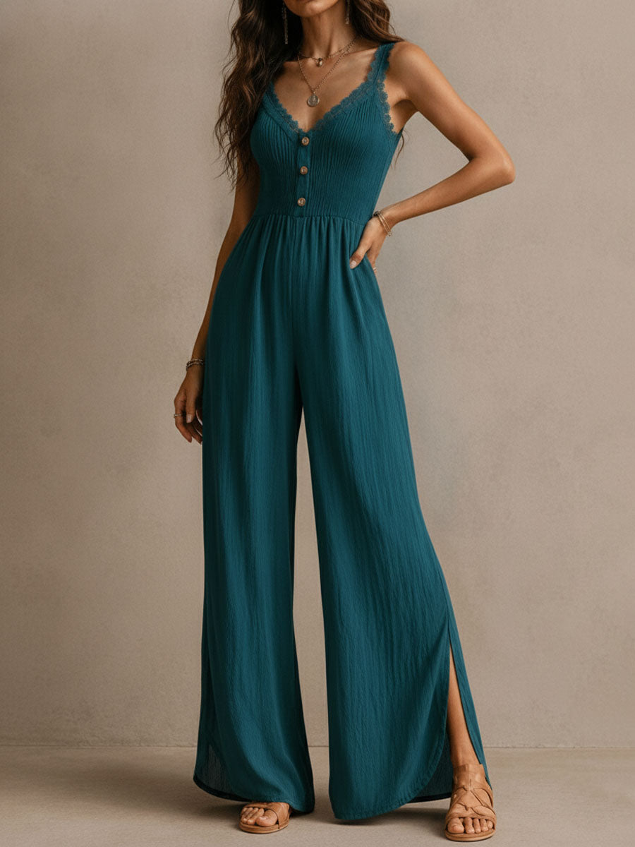 Boho Teal Lace-Trimmed Wide-Leg Jumpsuit
