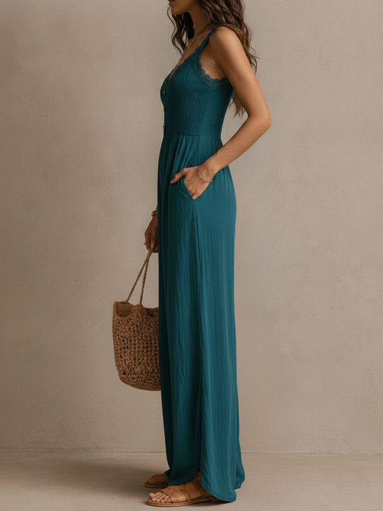 Boho Teal Lace-Trimmed Wide-Leg Jumpsuit