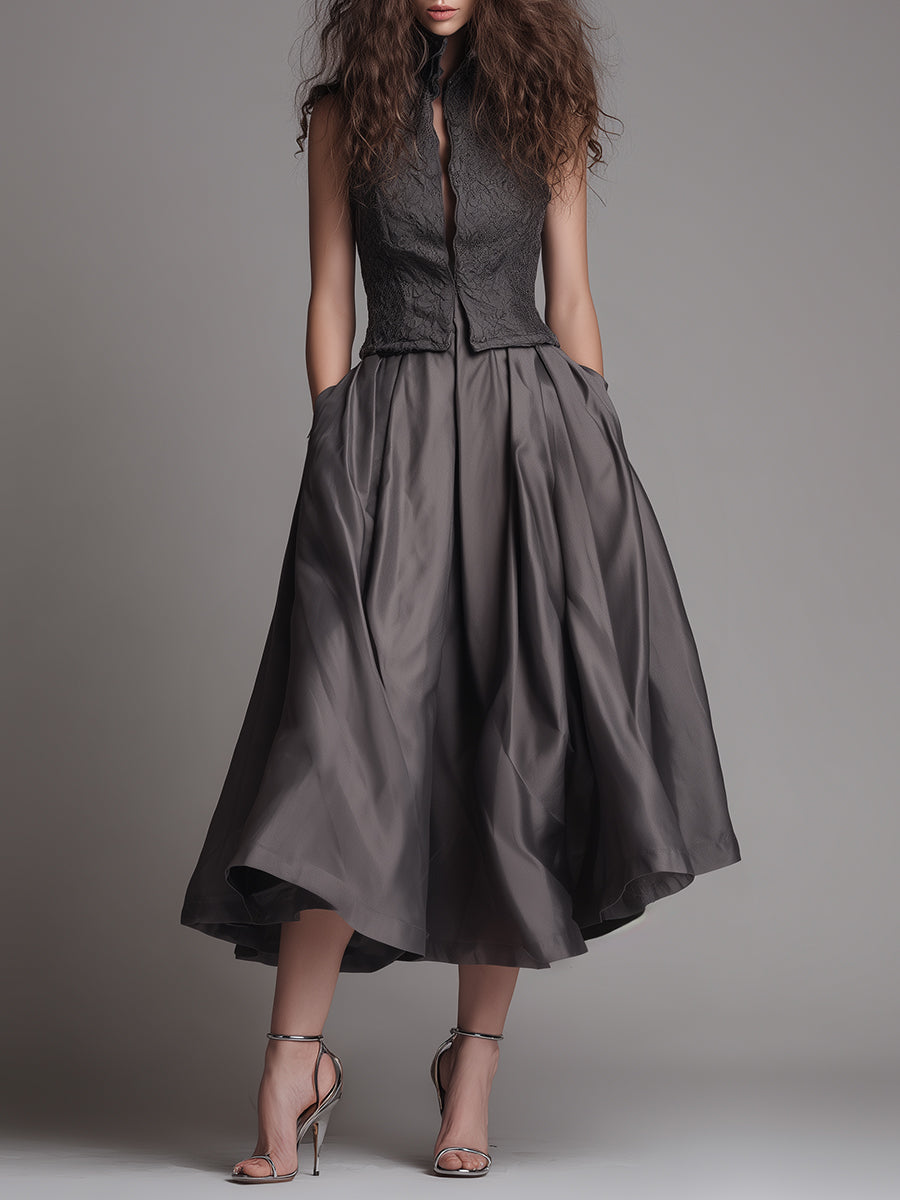 Retro Matte Satin Midi A-line Skirt