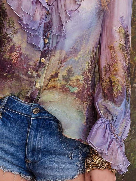 Retro Style Pastel Floral Ruffled Blouse