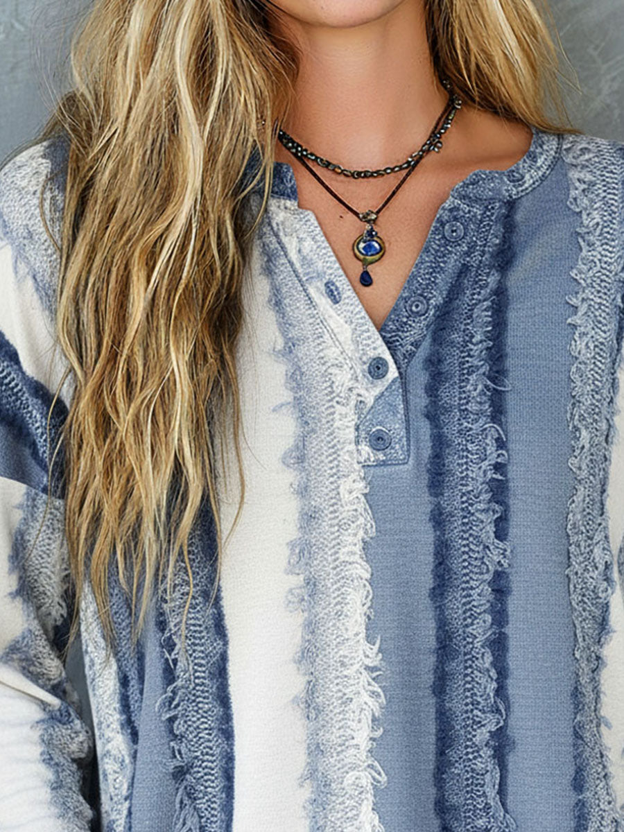 Boho Chic Blue Striped Textured Frayed Henley Top