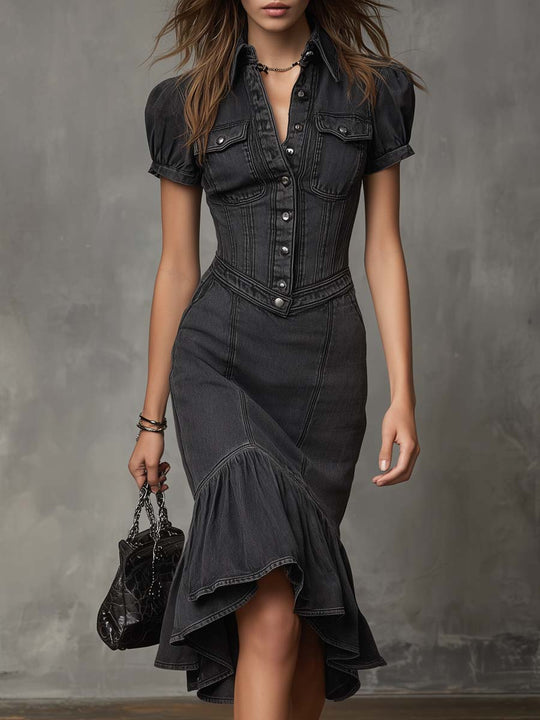 Retro Flare Hem Short-sleeved Denim Midi Dress