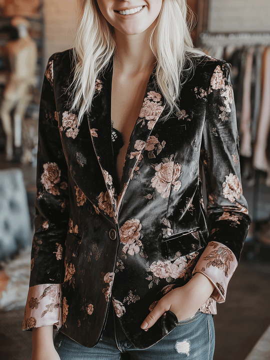 Romantic Retro Bohemian Style Velvet Rose Blazer