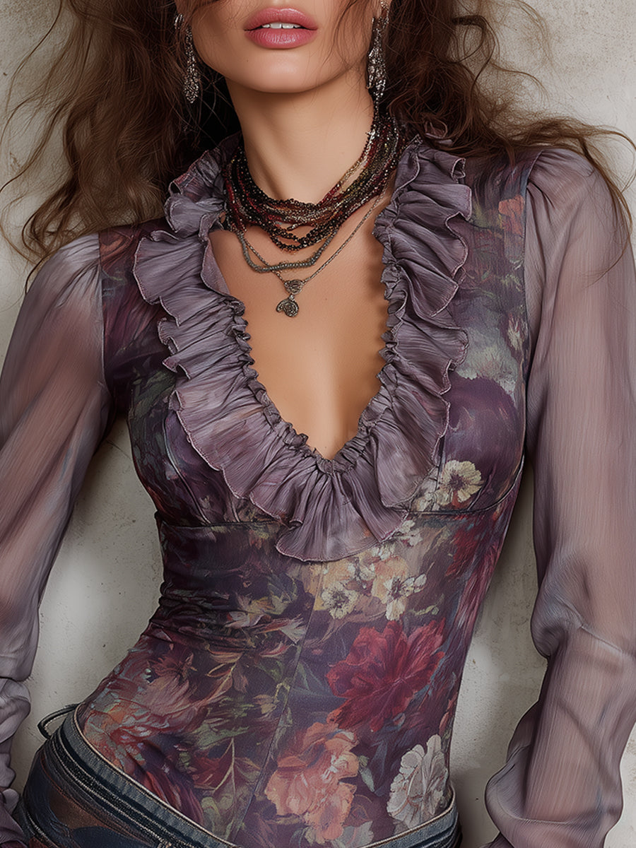 Retro Oil Painting Floral Print Fitted Satin Blouse