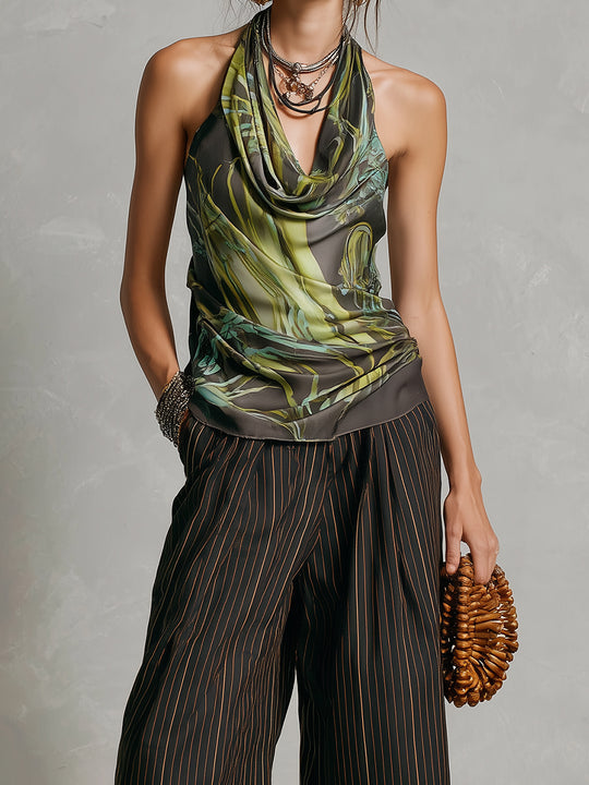 Retro Draped Halter Top & Striped Bermuda Shorts Set