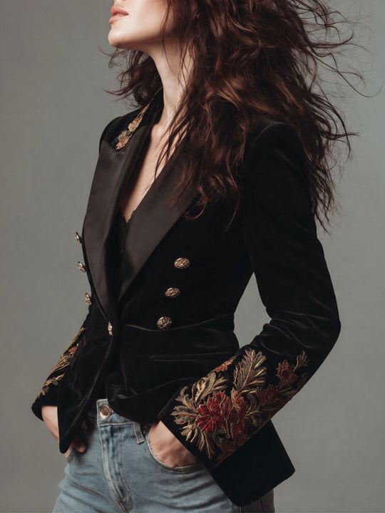 Quiet Luxury Floral Embroidery Satin Lapels Slim-fit Velvet Blazer