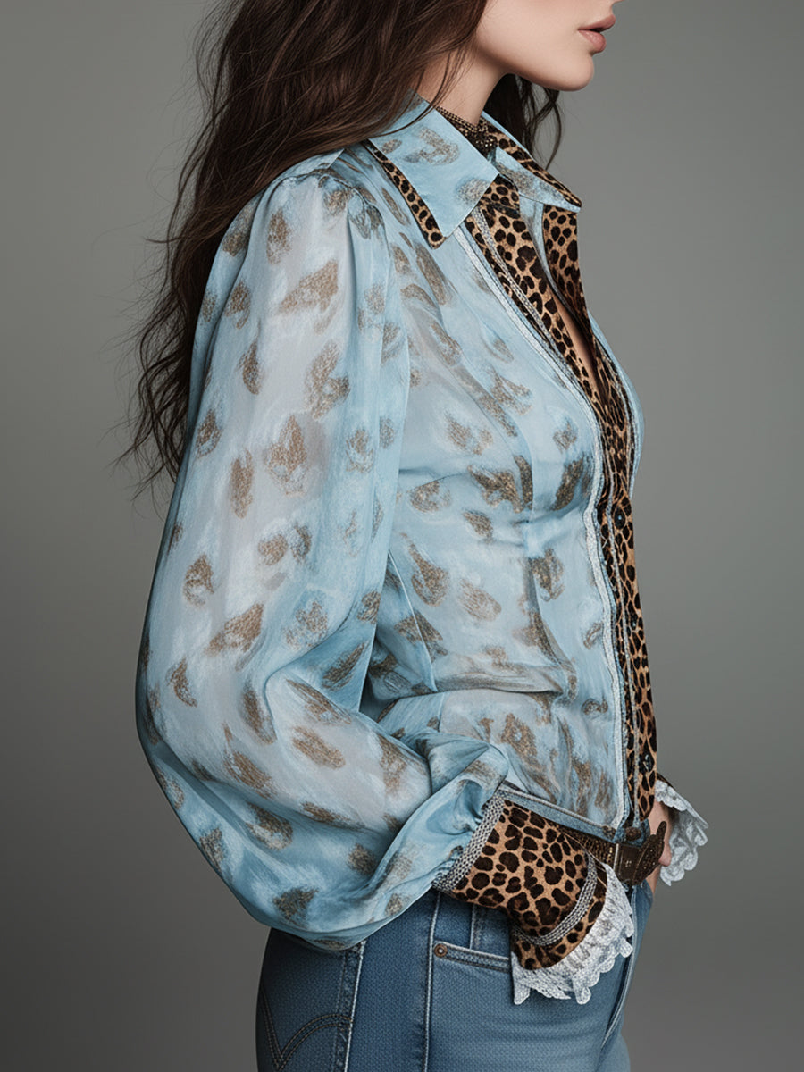Retro Leopard Print Fitted Blouse With Lace Trim
