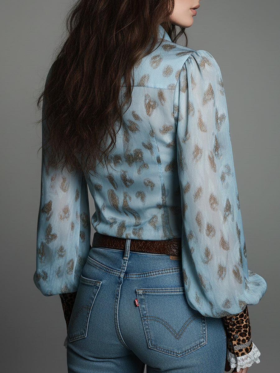 Retro Leopard Print Fitted Blouse With Lace Trim
