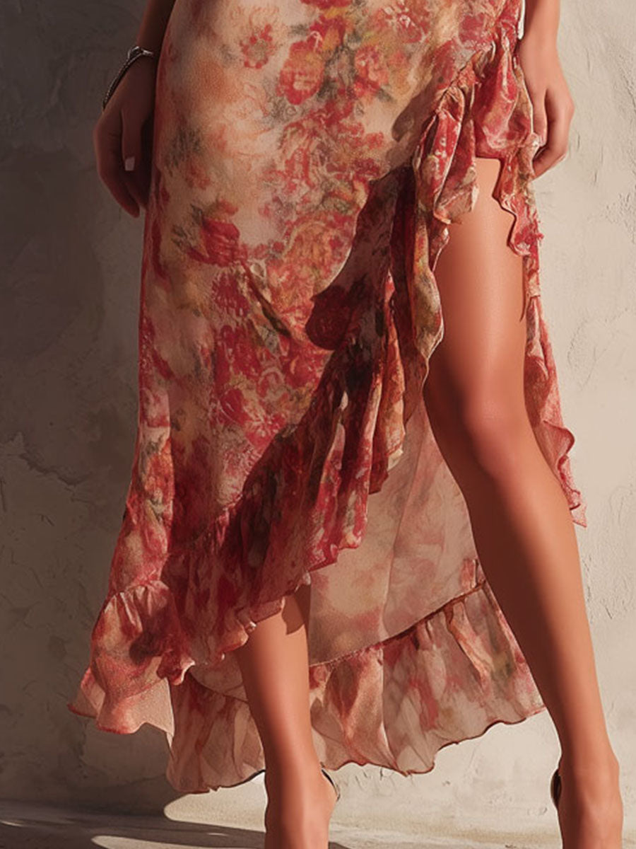 Boho Sunset Rose Print Loral Ruffled Asymmetrical Slip Dress