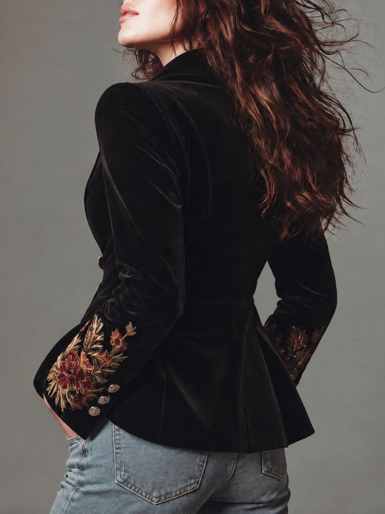 Quiet Luxury Floral Embroidery Satin Lapels Slim-fit Velvet Blazer