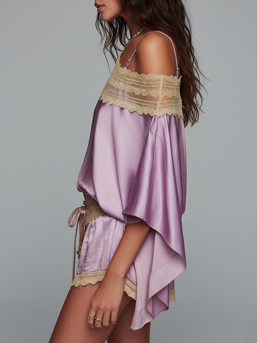 Bohemian Style Satin Batwing Sleeve Off-shoulder Top & Skirt Set