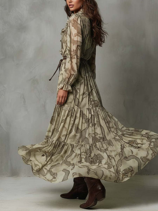 Ruffled V-Neck Chiffon Maxi Dress – Desert Python Print