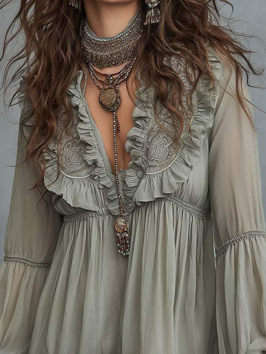 Embroidered V-Neck Chiffon Boho Mini Dress