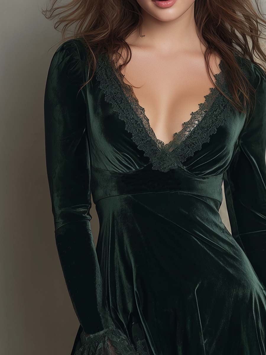 Vintage Lace Trim Polyester Velvet Mini Dress