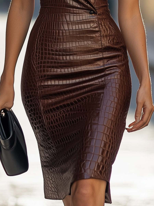 Chocolate Brown Croc Embossed Leather Bodycon Dress