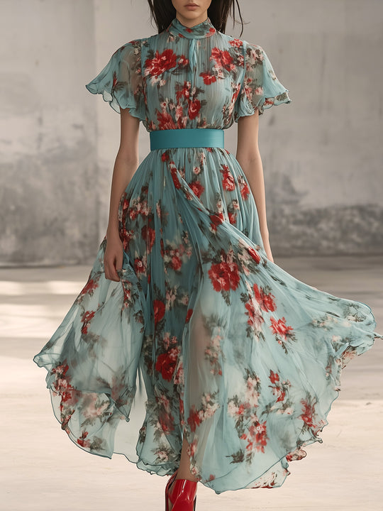 Bohemian Ruffle Sleeve Floral Flowy Maxi Dress