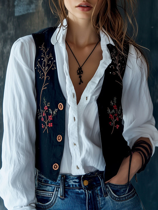 V-neck Floral Embroidery Button Down Vest