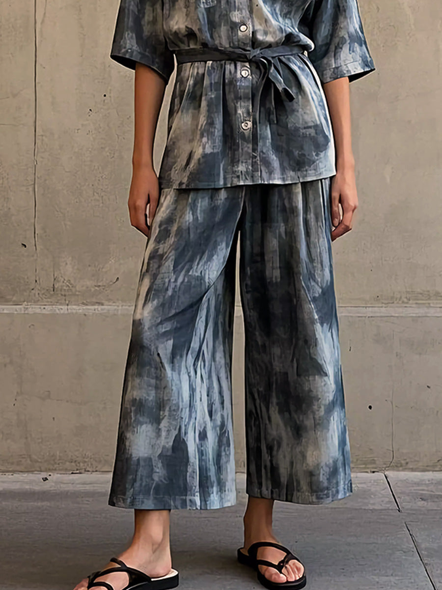 Casual Everyday Tie-dye Cotton and Linen Shirt and Pants Set