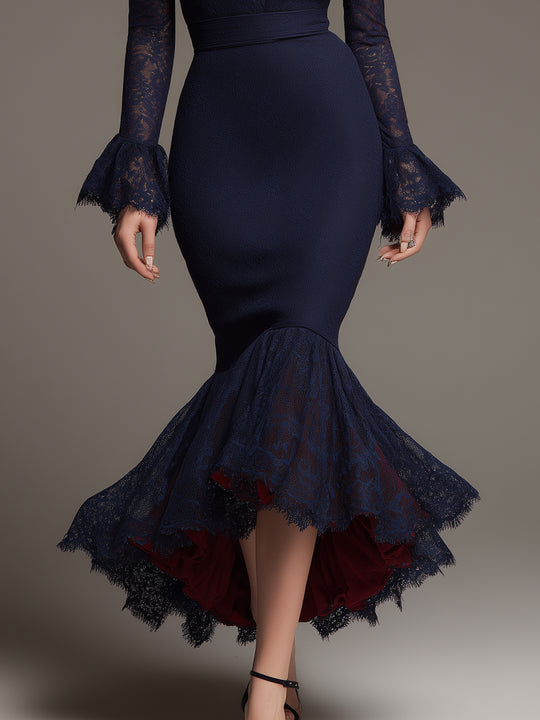 Elegant Red-lined Fishtail Maxi Dress With Lace Sleeves