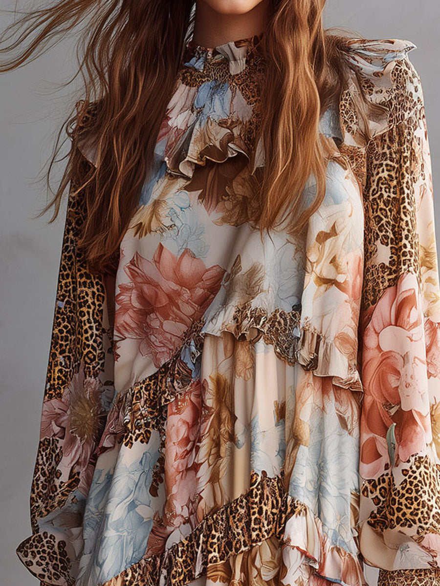 Boho Luxe Floral And Leopard Patchwork Ruffle Mini Dress