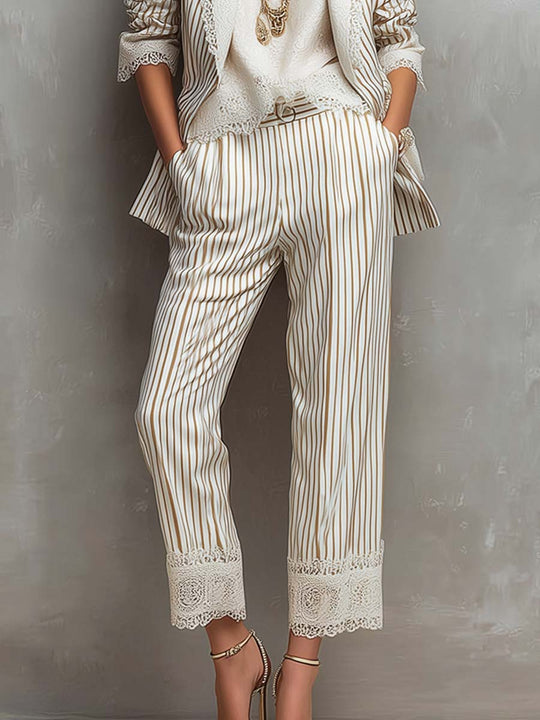 Vintage Striped Lace Cropped Trousers