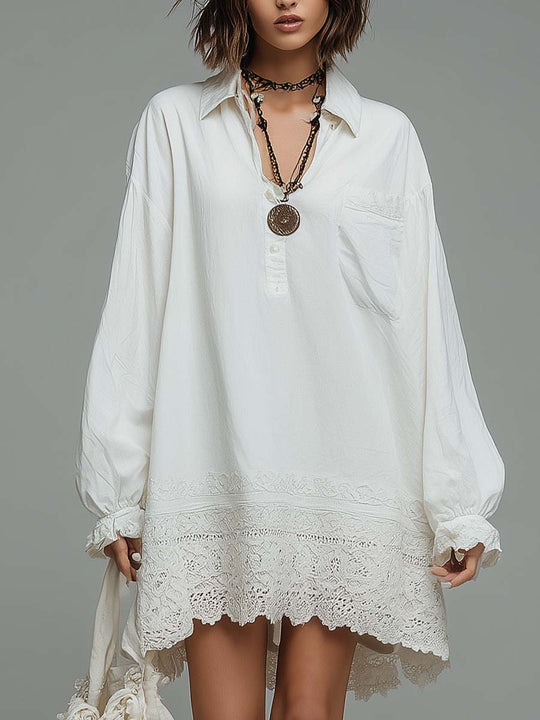 Retro Oversized Shirt Wide Lace Hem Mini Dress