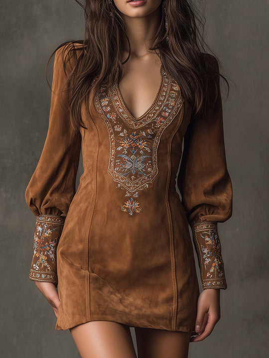 Vintage Suede Embroidered Mini Dress With Long Sleeves