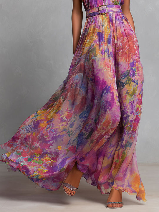 Boho Watercolor Chiffon Halter Belted Maxi Dress