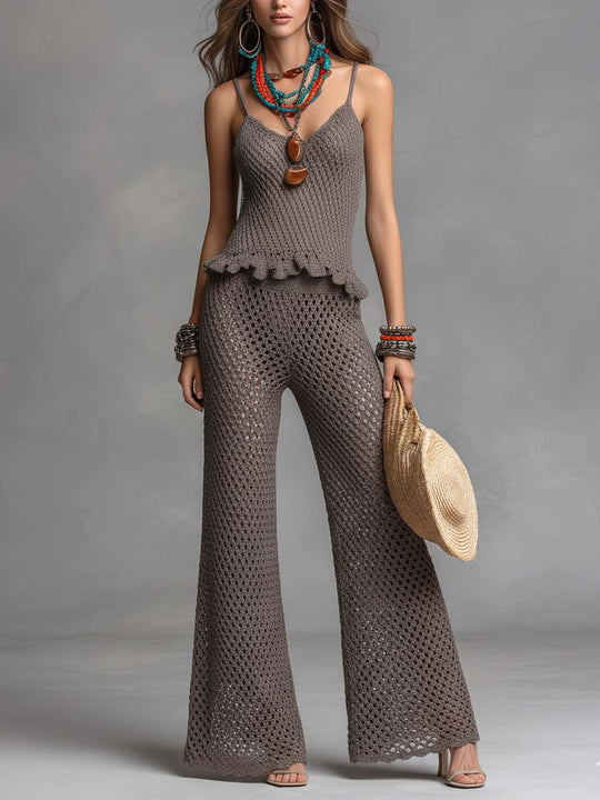Boho-Vintage Elegant Open-Knit Two-Piece Set