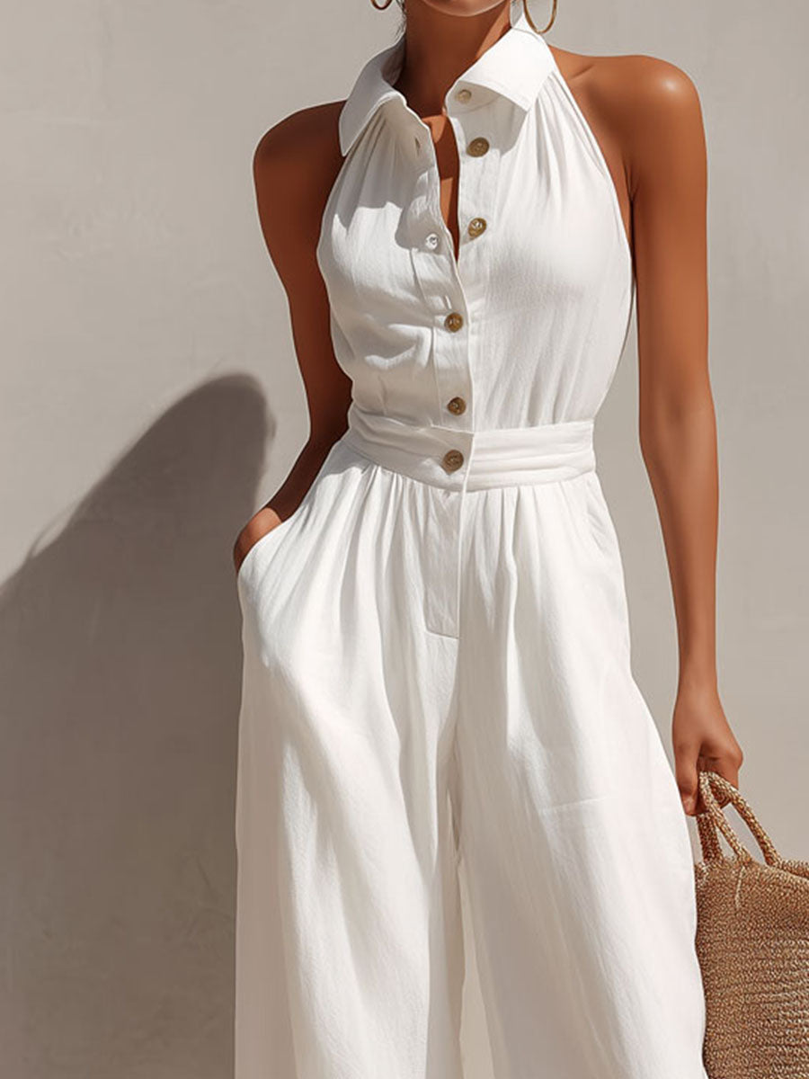 Boho Chic White Button-Front Halter  Wide-Leg Jumpsuit