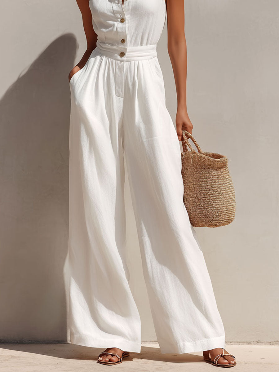 Boho Chic White Button-Front Halter  Wide-Leg Jumpsuit