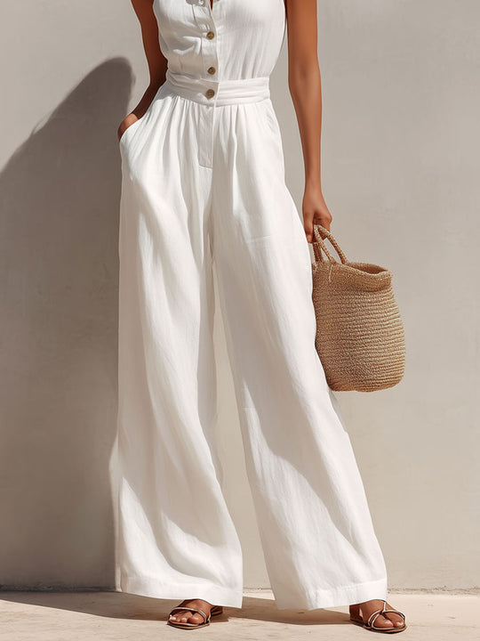 Boho Chic White Button-Front Halter  Wide-Leg Jumpsuit