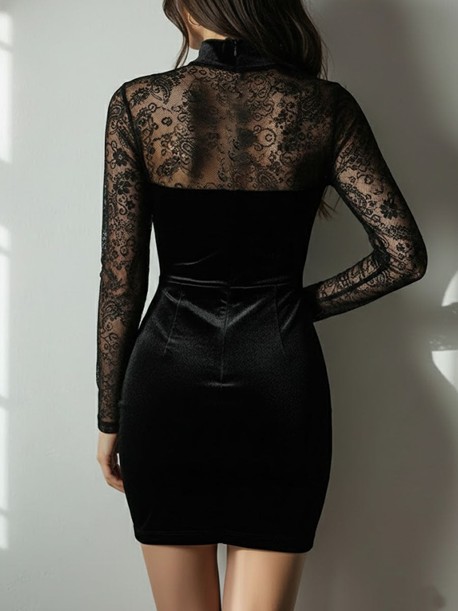 High Neck Black Velvet & Lace Sheer Panel Mini Dress
