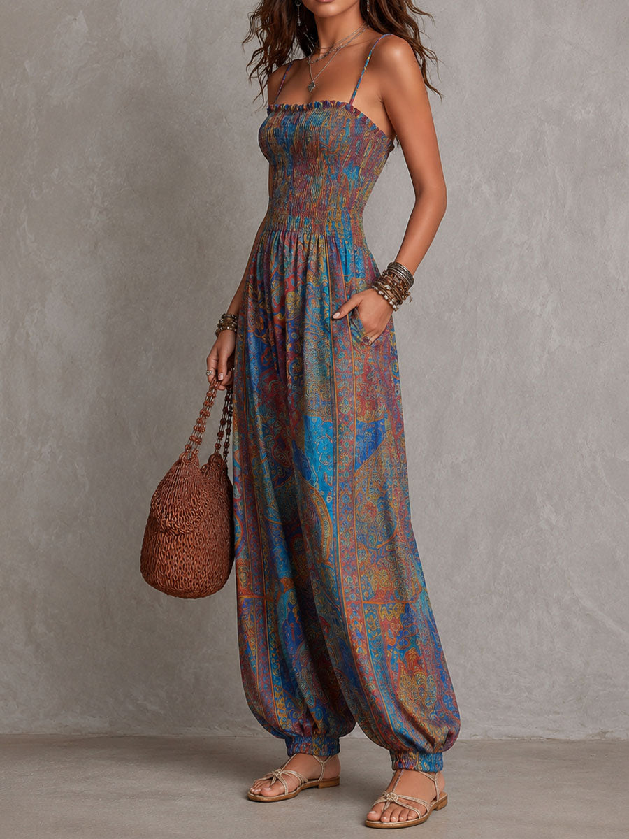 Boho Paisley Print Smocked Bodice Harem Jumpsuit