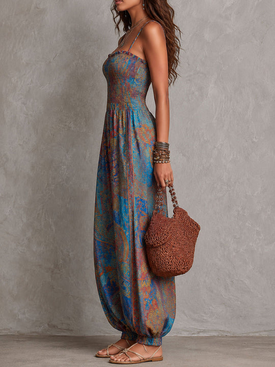 Boho Paisley Print Smocked Bodice Harem Jumpsuit