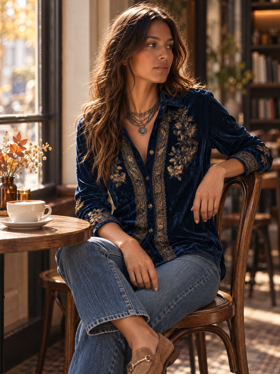 Boho Vintage Royal Blue Embroidered Velvet Blouse