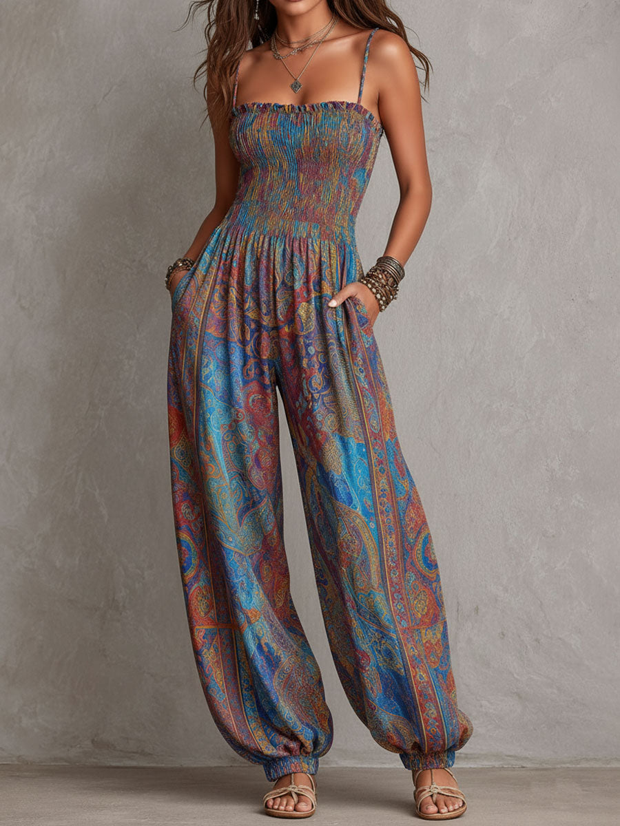 Boho Paisley Print Smocked Bodice Harem Jumpsuit