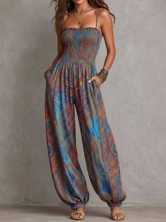 Boho Paisley Print Smocked Bodice Harem Jumpsuit