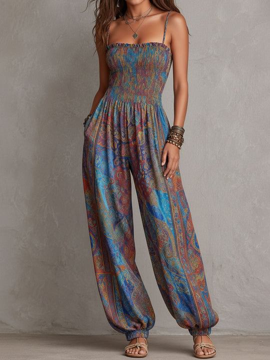 Boho Paisley Print Smocked Bodice Harem Jumpsuit